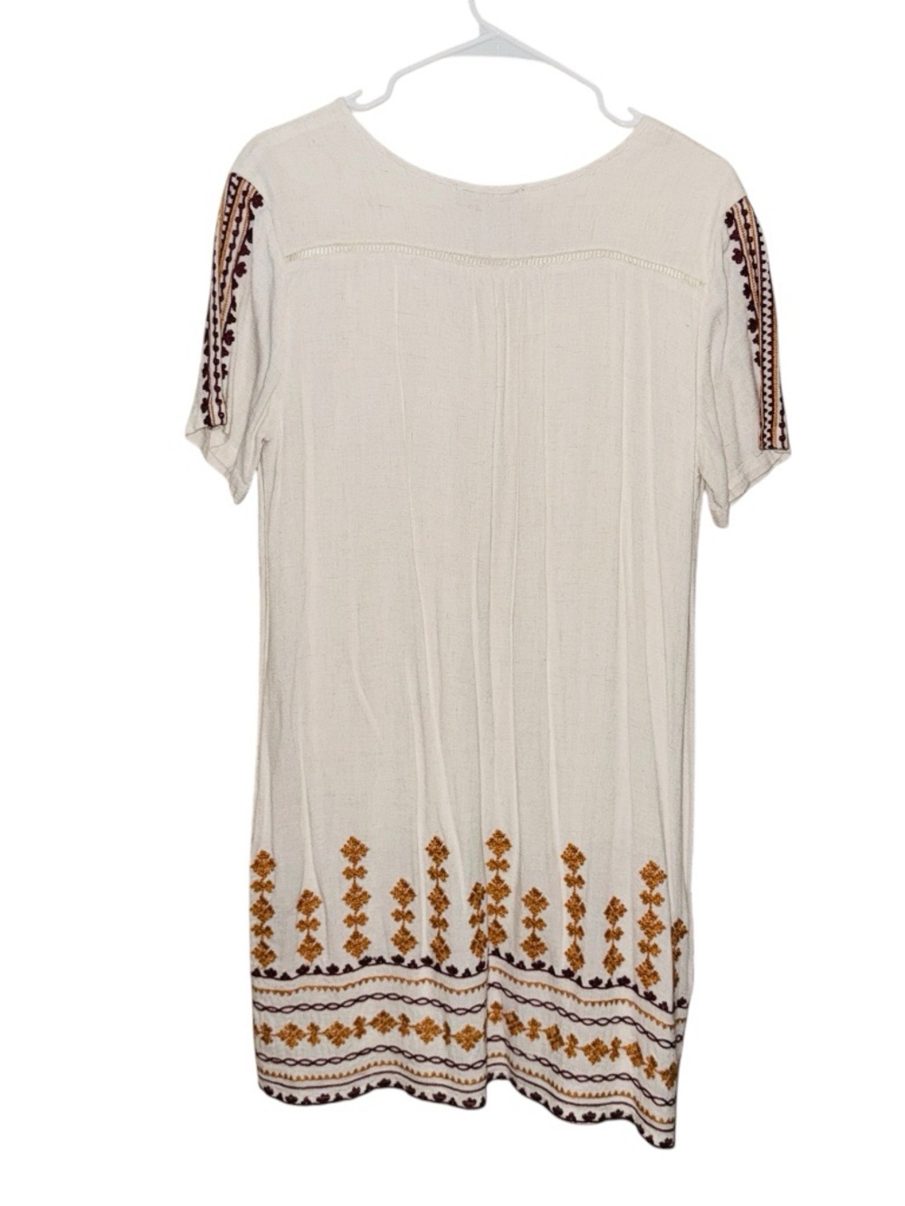 THML Boho Linen Blend Tassel Tie Cream Embroidered Mini Shirt Dress - Picture 4 of 9